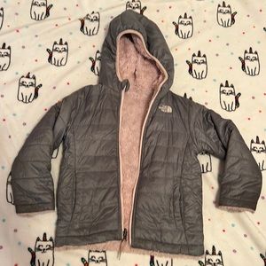 Girls North Face reversible winter coat, pink and grey, gently worn.